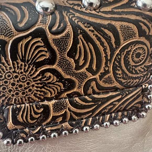 Western Style tooled Floral Faux Leather with Rhinestone buckle shoulder bag - Picture 7 of 15